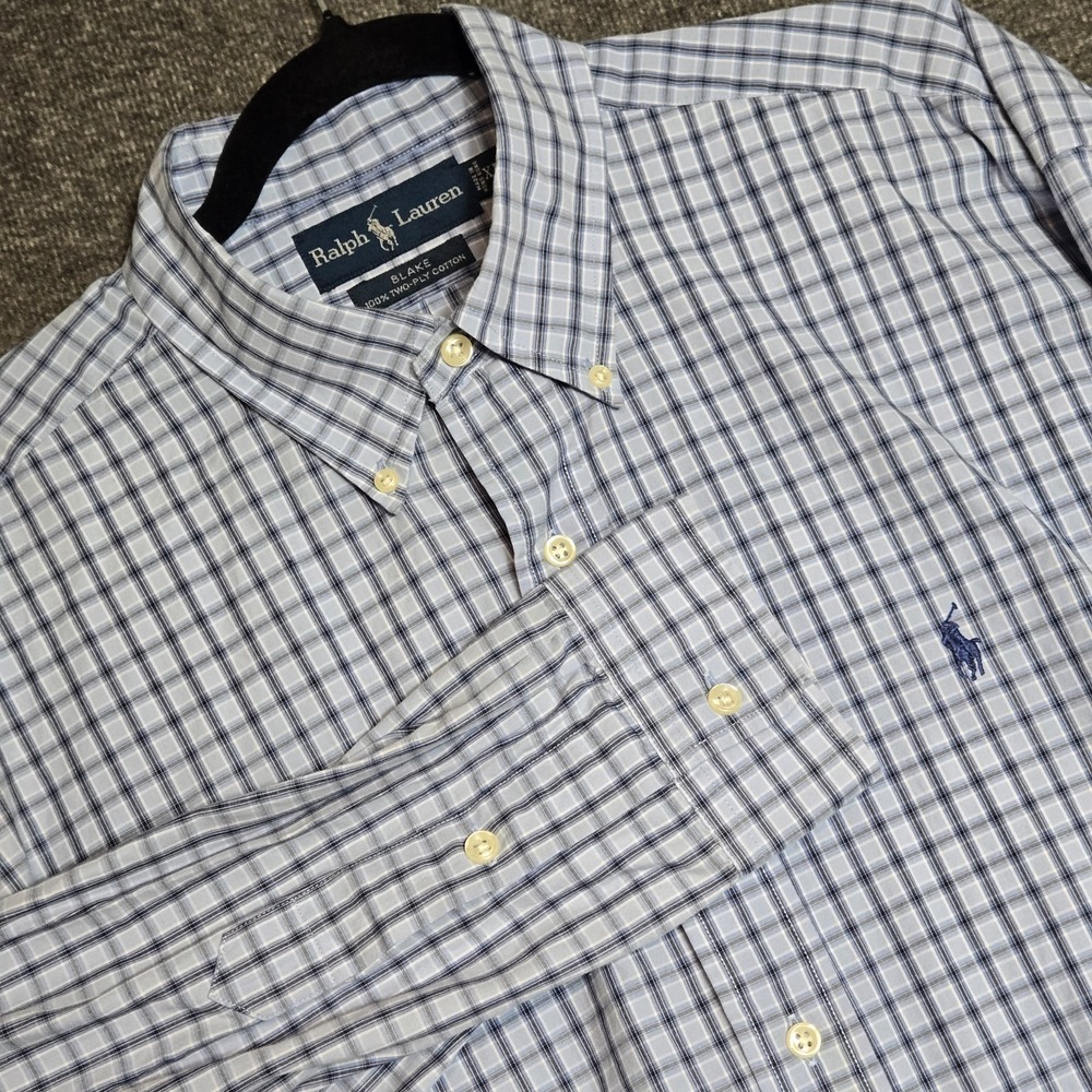 Ralph Lauren Blake Button Down Shirt Two Ply Cotton Sz XL Blue Plaid Long Sleeve